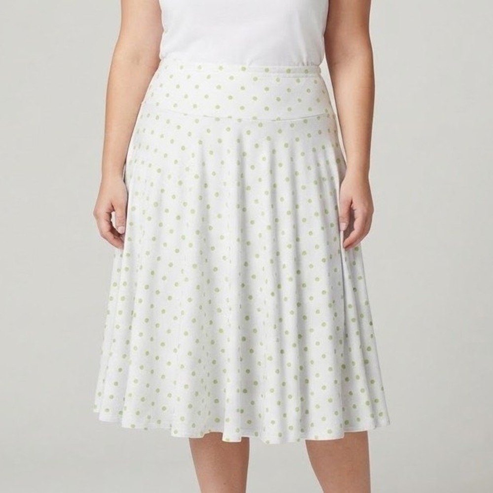 Polka Dot Midi Skirt Womens 3X White Green A-Line Pull On Modest Jersey Feminine - Picture 2 of 12